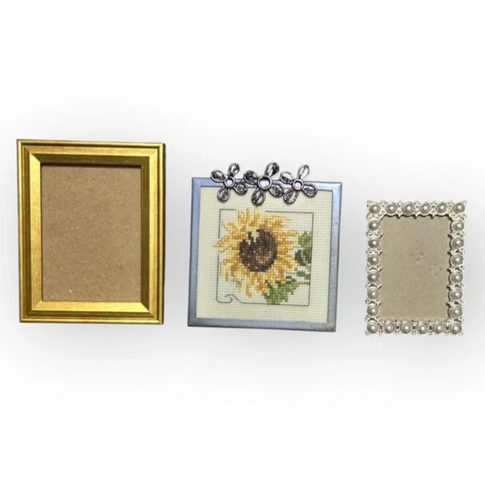 Vintage Mini Decorative Photo Frames Lot — Sunflower Cross Stitch + Pearl & Gold